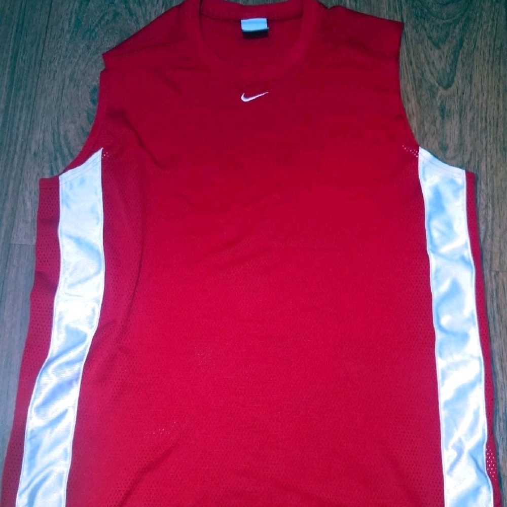 Y2K Nike Center Swoosh Red Sleeveless Basketball Jersey with Silver Side Panels